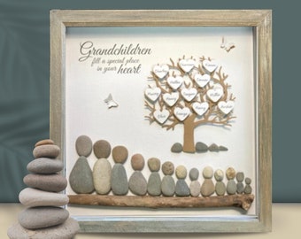 Art de galets, arbre généalogique, personnalisé, arrière-petits-enfants, noms de petits-enfants - cadeau grand-parent, fête des pères, cadeau grand-père, cadre boîte grand-mère,