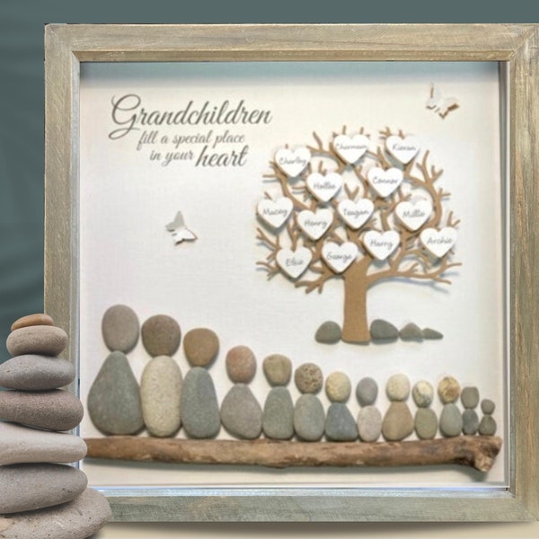 Pebble art, family tree, personalised, Great Grandchildren, Grandkids names -Grandparent gift, Fathers day, Grandpa gift, Grandma box frame,