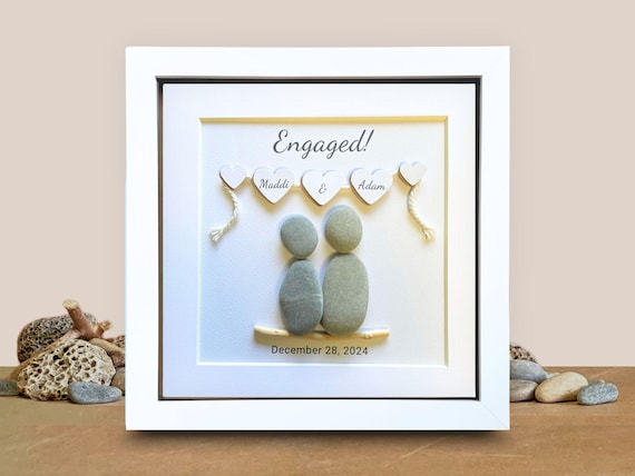 Engagement Keepsake present, Customised gift for newly engaged couple, unique Pebble picture with names