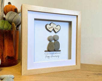 Personalised 5th Wedding Anniversary pebble picture: Traditional Wood gift.