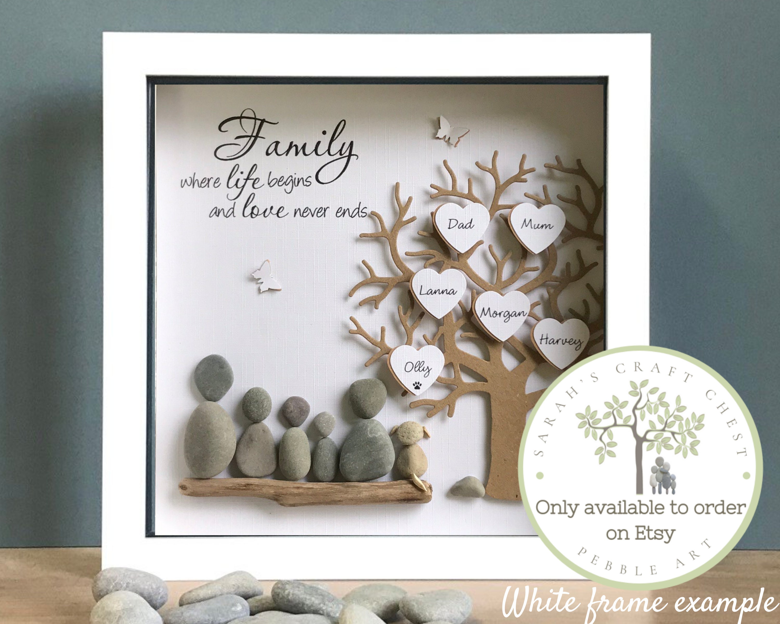 anniversary retirement or family art just for you Pebble Art Family of Three with Dog \u2022 8x10 \u2022 framed artwork \u2022 unique baby housewarming