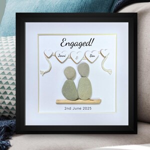 Personalised Pebble art picture in a white frame to celebrate an engagement