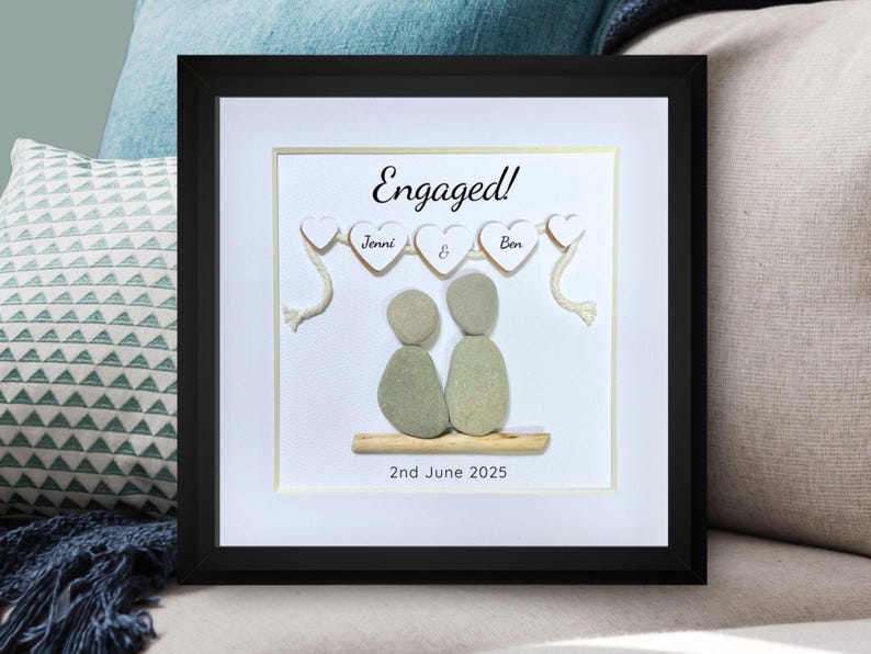 Personalised Pebble art picture in a white frame to celebrate an engagement