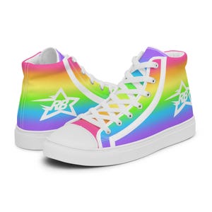May include: Rainbow high top sneakers with a white star and the letters "RB" inside. The sneakers have a white sole and white laces.