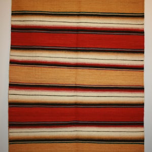 33 x 47 in. Flat Weave Wool Rug Egypt Handwoven Red Gold Blue Black New Vintage