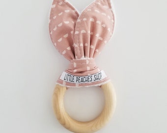 Bunny Teether. Teething Toy. Bunny Ear Teether. Wooden Teether. Bunny Ear Wooden Teether. Baby Easter Basket. Bunny Ears. Dusty Rose. Blush.