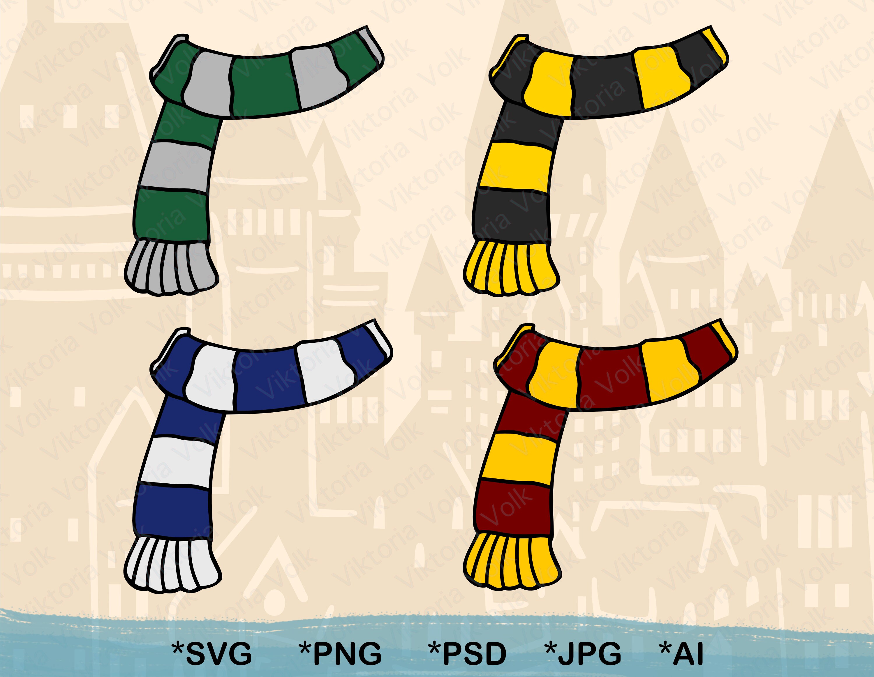 Download 4 Scarfs Clipart Layered Svg Harry Potter Cut Files Hogwards House Colors Winter Clothes Vector Printable
