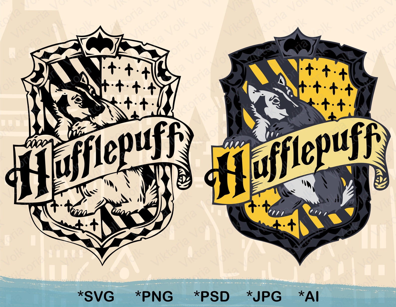 High Detail Hufflepuff House Crest Color and Outline Bundle | Etsy