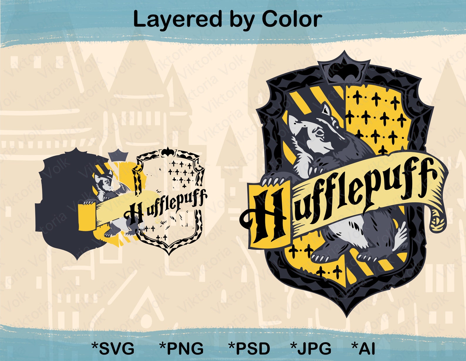 High Detail Hufflepuff House Crest Color and Outline Bundle | Etsy