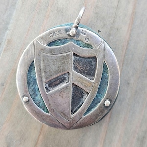 Pu&ograve; includere: Ciondolo in argento con disegno a scudo. Il ciondolo presenta una forma a scudo al centro, circondata da una cornice circolare. Lo scudo ha una superficie strutturata con aree scure. Il ciondolo ha un anello nella parte superiore per appenderlo.