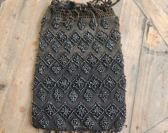 Victorian beaded mourning purse with hand sewn name 1800s glass beads death purse