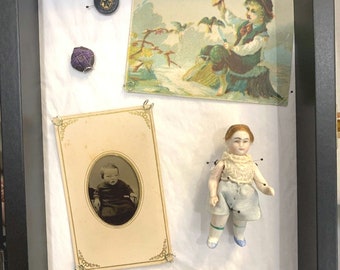 Antique 1800s Haunted postmortem baby tintype porcelain RARE MALE doll Victorian post card antique Shadow box display