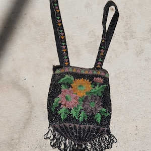 Antique beaded purse floral handbag vintage black bag 1920s style flapper