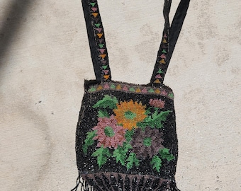 Antique beaded purse floral handbag vintage black bag 1920s style flapper