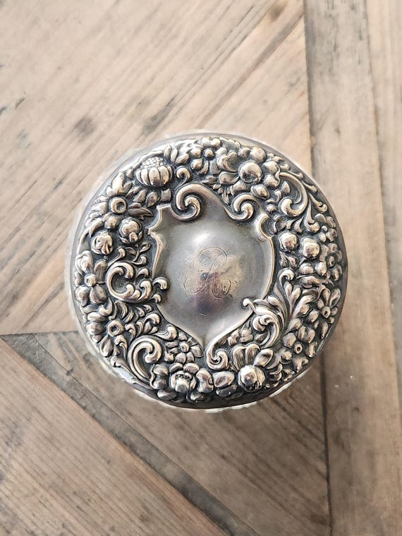 Silver Victorian Powder Jar Antique Cut Glass Vanity Display Stash