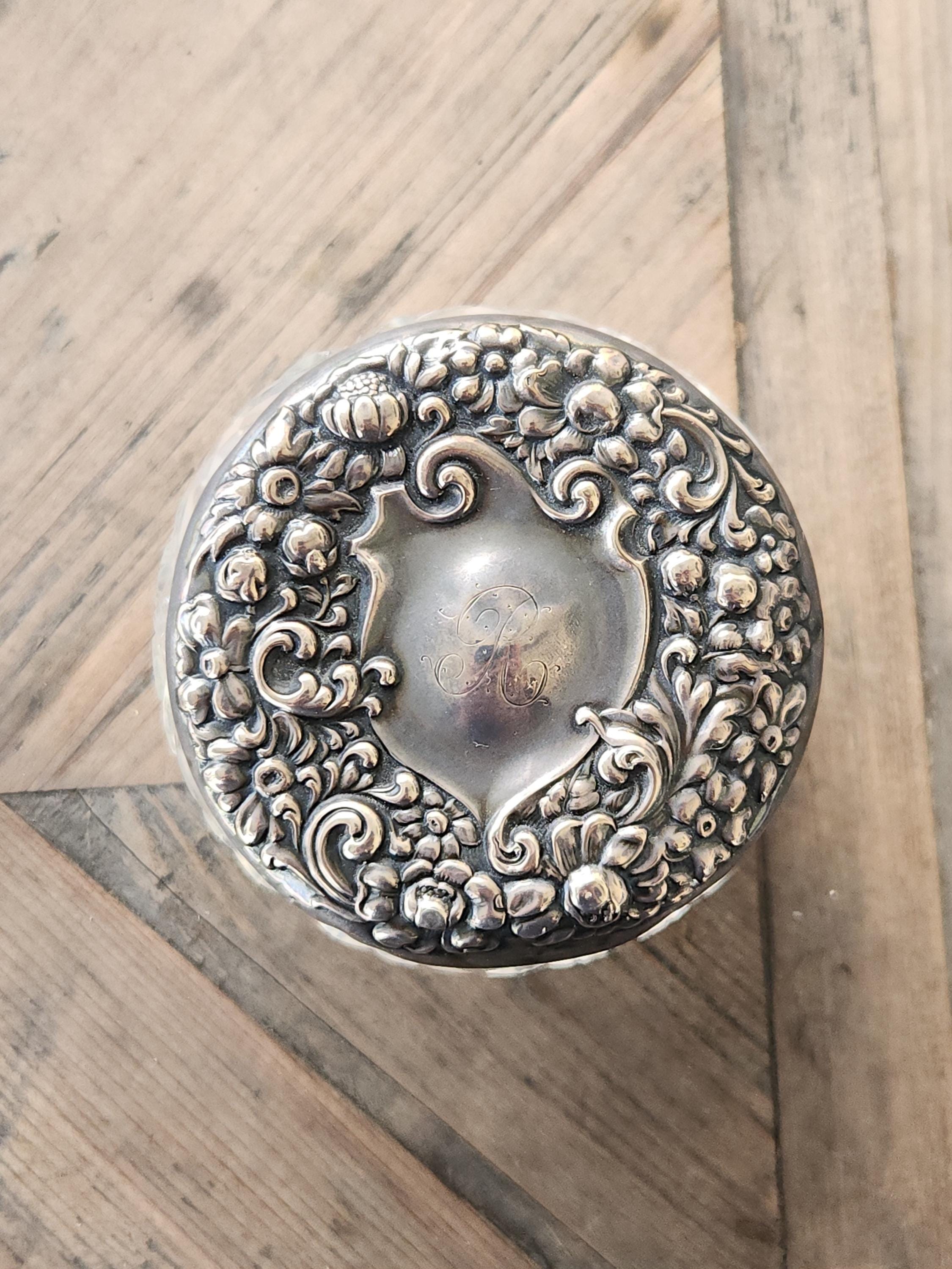 Silver Victorian Powder Jar Antique Cut Glass Vanity Display Stash