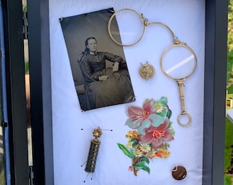 Victorian folding lorgnette eyeglasses antique perfume bottle civil war tintype in a shadow box display