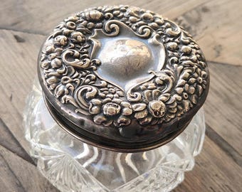 Silver Victorian powder jar Antique cut glass vanity display stash box antique make up dresser jar