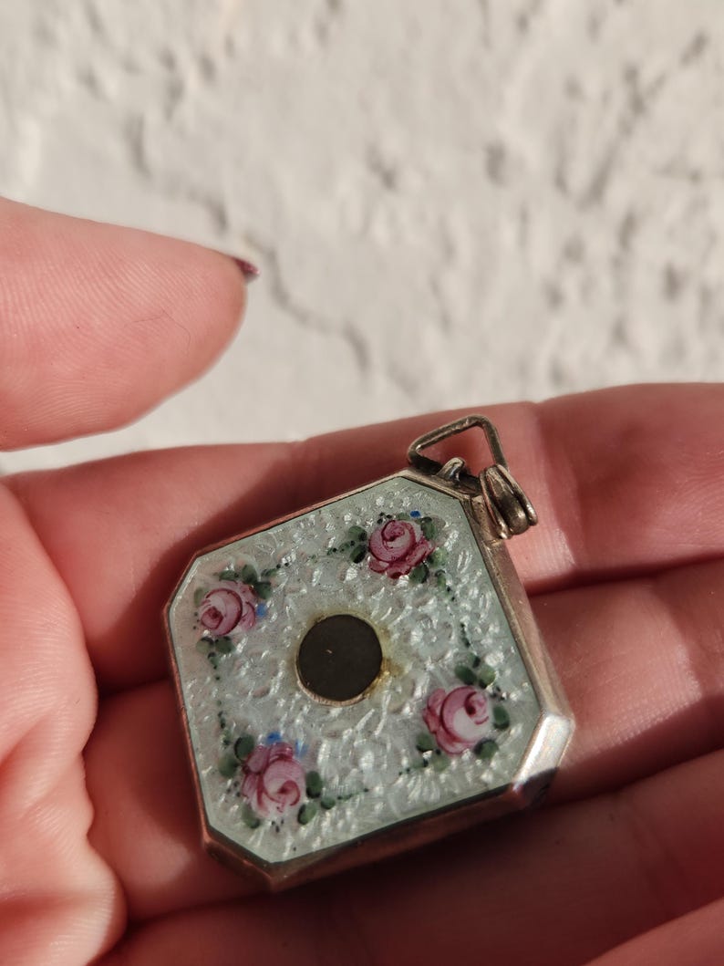 Guilloche and Antique Silver Locket Blue Vintage Floral Rose Coquette ...