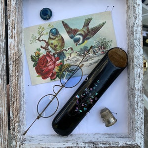 Brillenkoker met parelmoer zeldzame antieke jaren 1800 blauw getinte brillen een vingerhoed burgeroorlog knop blauwe vogel kaart Victoriaanse wanddecoratie