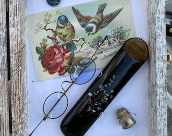 Eyeglass case with mother of pearl rare antique 1800s blue tinted eyeglasses a thimble civil war button blue bird card Victorian wall decor