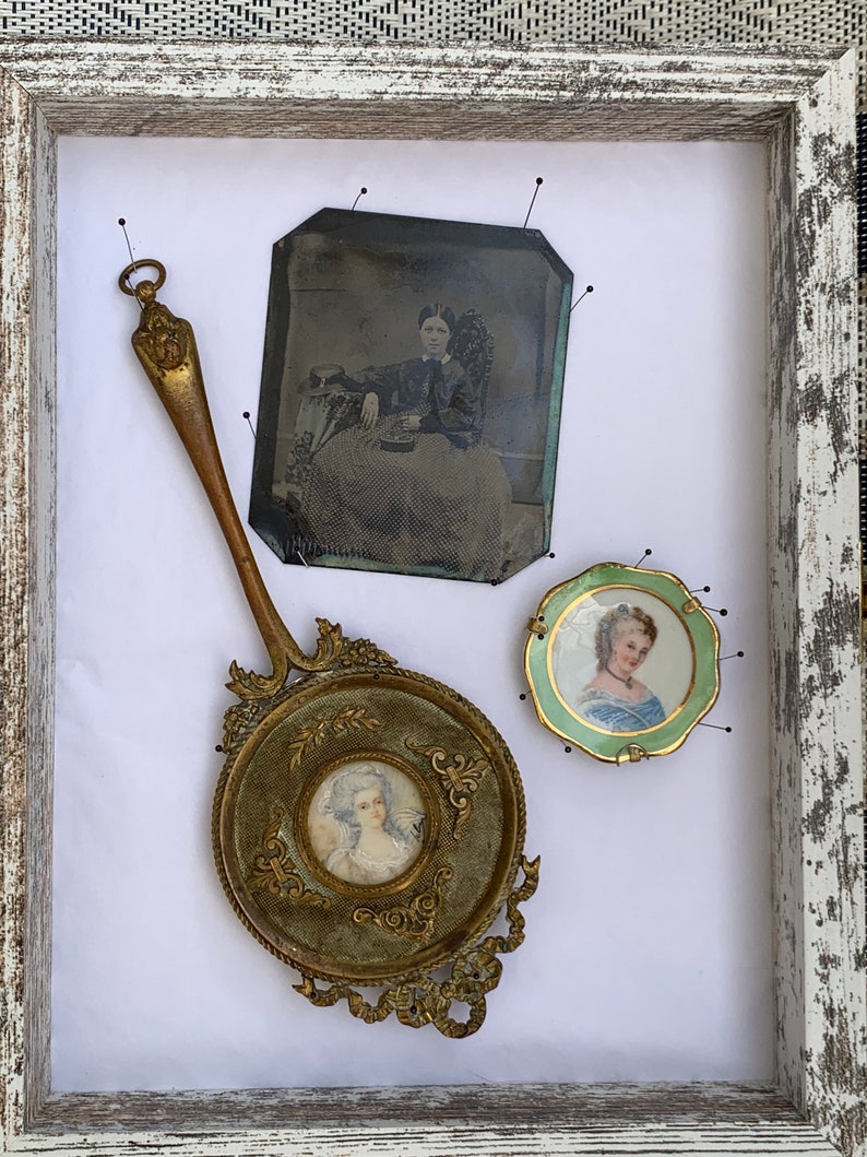 Victorian Shadow Box With a Hand Mirrors a Brooch and a Tin Etsy