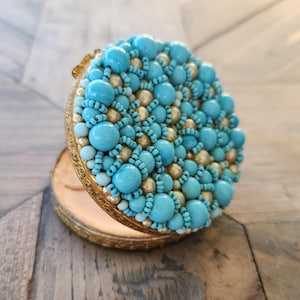 Antique Italian Makeup compact 1920s glass beaded mirror vintage blue and gold powder compact art nouveau mirror