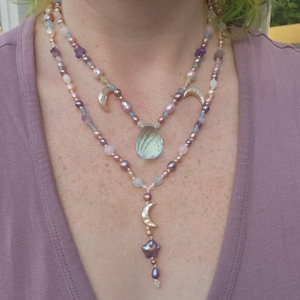 Coquette necklace Real Pearls amethyst rose quartz crystal beaded necklace handmade princess necklace pastel dream star and moon jewelry
