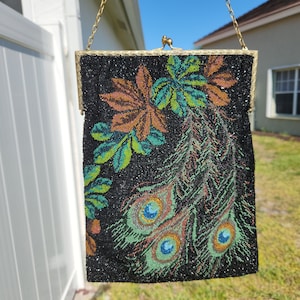 1920s beaded peacock feather purse large antique evening bag USABLE as is sparkly handbag elegant evening bag
