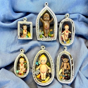 Vintage Kewpie Doll pendant, handmade doll necklace, shaker locket filled with crystals, unique fidget jewelry, hand painted miniature doll