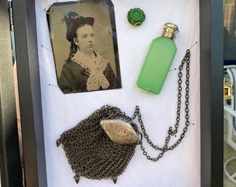 Antique green victorian perfume bottle, ingraved expandabule silver chainmail purse, hand woven civil war button, young woman tintype