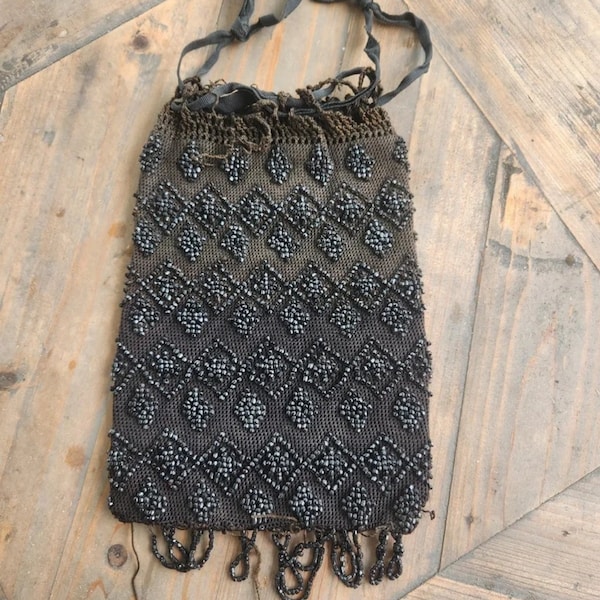 Victorian beaded mourning purse with hand sewn name 1800s glass beads death purse