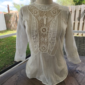 Edwardian white cotton gauze lace shirt antique wounded bird bodice as is