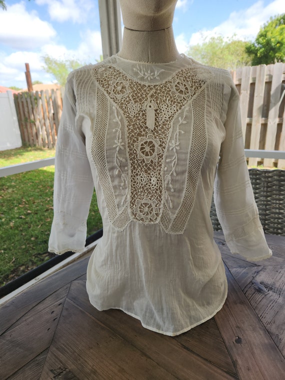 Edwardian white cotton gauze lace shirt antique wo