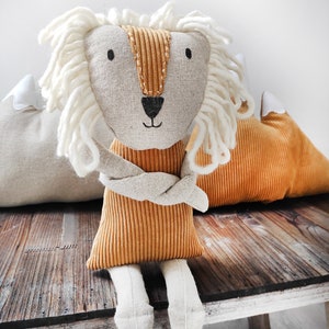 Corduroy and linen plush toy for children Lion with mane for children's room Savanna toy for playroom Baby room decoration image 7