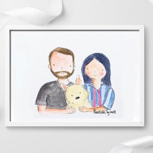 Custom Illustrated: Half body watercolor painting (5 x 7 inches) -Humans and pets