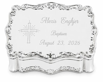 Personalized Silver Small Rectangle Baptism Jewelry Box with Cross