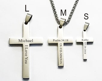 Custom Engraved Stainless Steel Cross Necklace: Personalized Religious Gift for Him