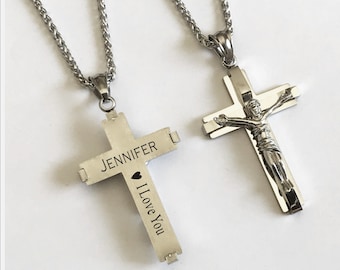 Personalized Jesus Cross Necklace: Engraved Stainless Steel Crucifix