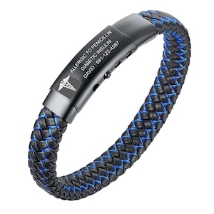 Personalized Medical Alert Bracelet for Men -Adjustable Leather Emergency Medical ID Bangle for Autism Allergy Diabetic Asthma Epilepsy-Blue