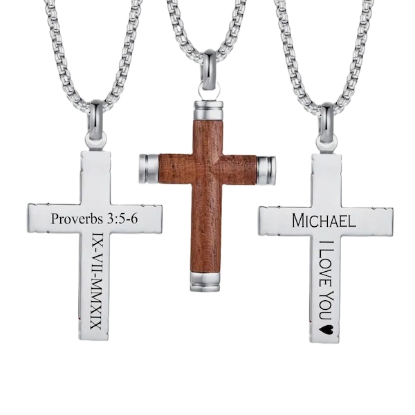 Personalized Men,Women Wooden Cross Necklace ,Custom Engraved Christian Stainless Steel Crucifix Pendant-First Communion Gift for Kids