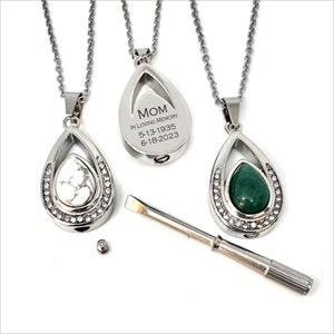 Personalized Teardrop Nature Stone CZ Keepsake Ashes Necklace Urn Pendant Cremation Memorial Jewelry for Human or Pets
