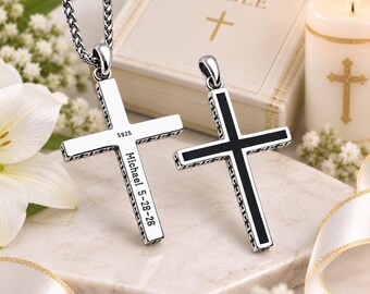 Personalized 925 Silver Cross Necklace, Baptism, First Communion & Confirmation Gift