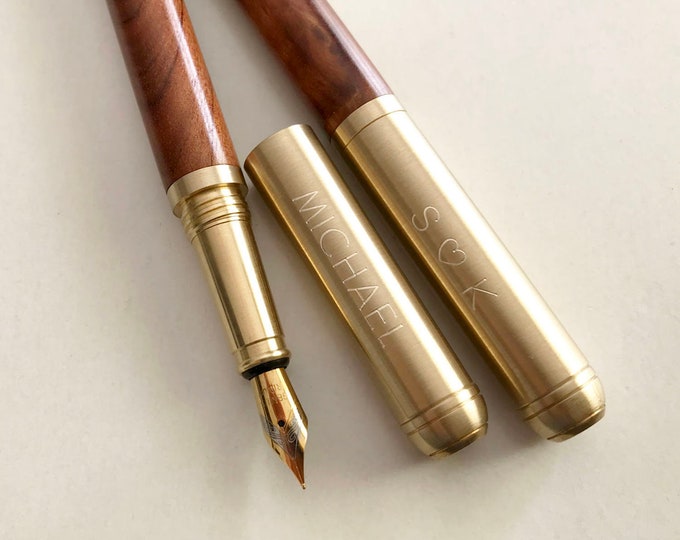 Christmas gift-Personalized Wood Fountain Pen, Custom Engraved Brass Cap, Fine Nib