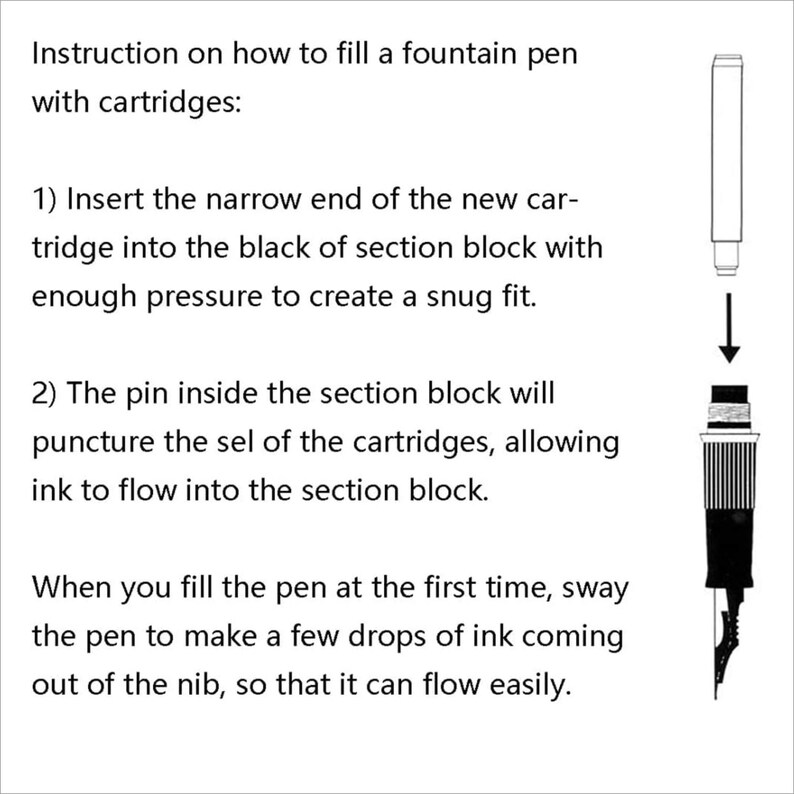 May include: A black and white illustration showing how to fill a fountain pen with cartridges. The illustration shows a fountain pen with a cartridge inserted into the section block. The text explains how to insert the cartridge and how to make sure the ink flows properly.