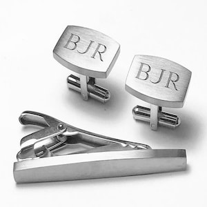 Silver Cufflinks Tie Clip Father&#39;s day , Birthday , Dad Gift Husband for Him, Gift for Men- Personalized Custom Engraved Tie Bar.