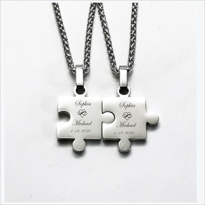 Personalized Engraved Stainless Steel Puzzle Necklace , Couples Puzzle, Couples Necklace ,2 Puzzle Pieces , Autism Jewelry ,Autism Necklace