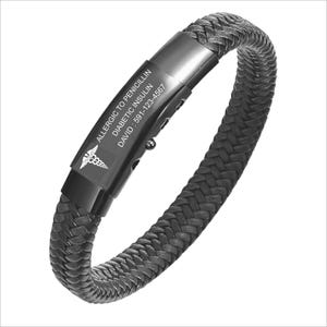 Personalized Medical Alert Bracelet for Men -Adjustable Leather Emergency Medical ID Bracelets for Autism Allergy Diabetic Asthma Epilepsy