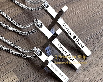 Personalized Stainless Steel Cross Necklace , Engraved Men Necklace-Gift for dad , husband, boyfriend ,him, men
