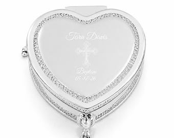 Caja de joyería personalizada para bautizo – Recuerdo de corazón de plata grabado